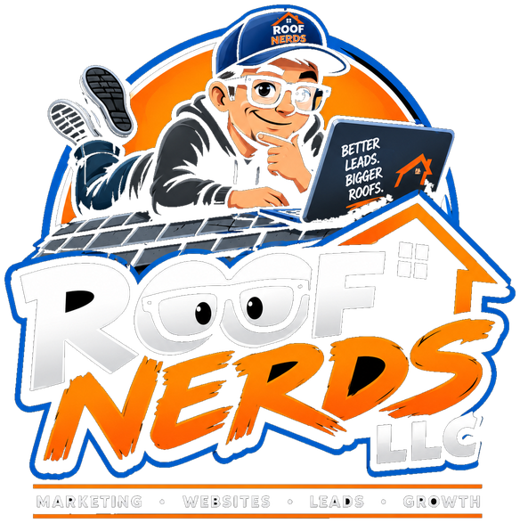 Roof Nerds mascot: a guy in a Roof Nerds cap and thick glasses lying on a shingle roof with a laptop that reads Better Leads. Bigger Roofs.